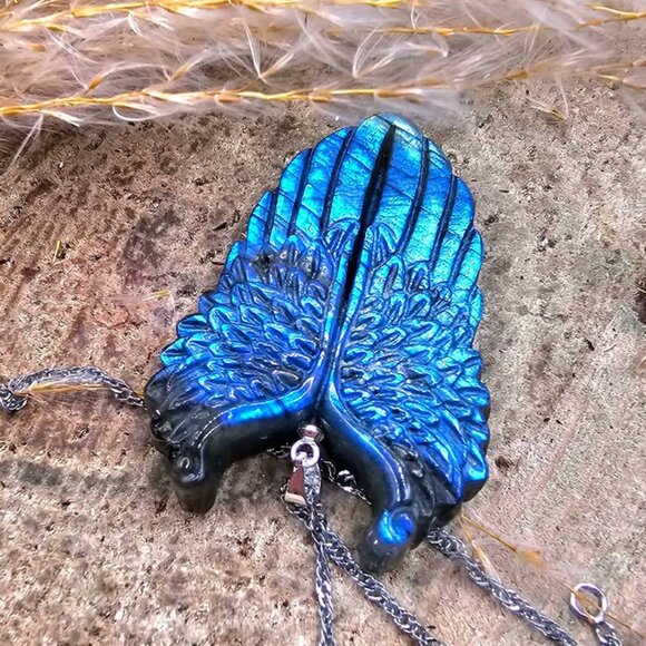 Nature Labradorite Carved Flashy Angel Wing Pendant Necklace - Picture 2 of 10